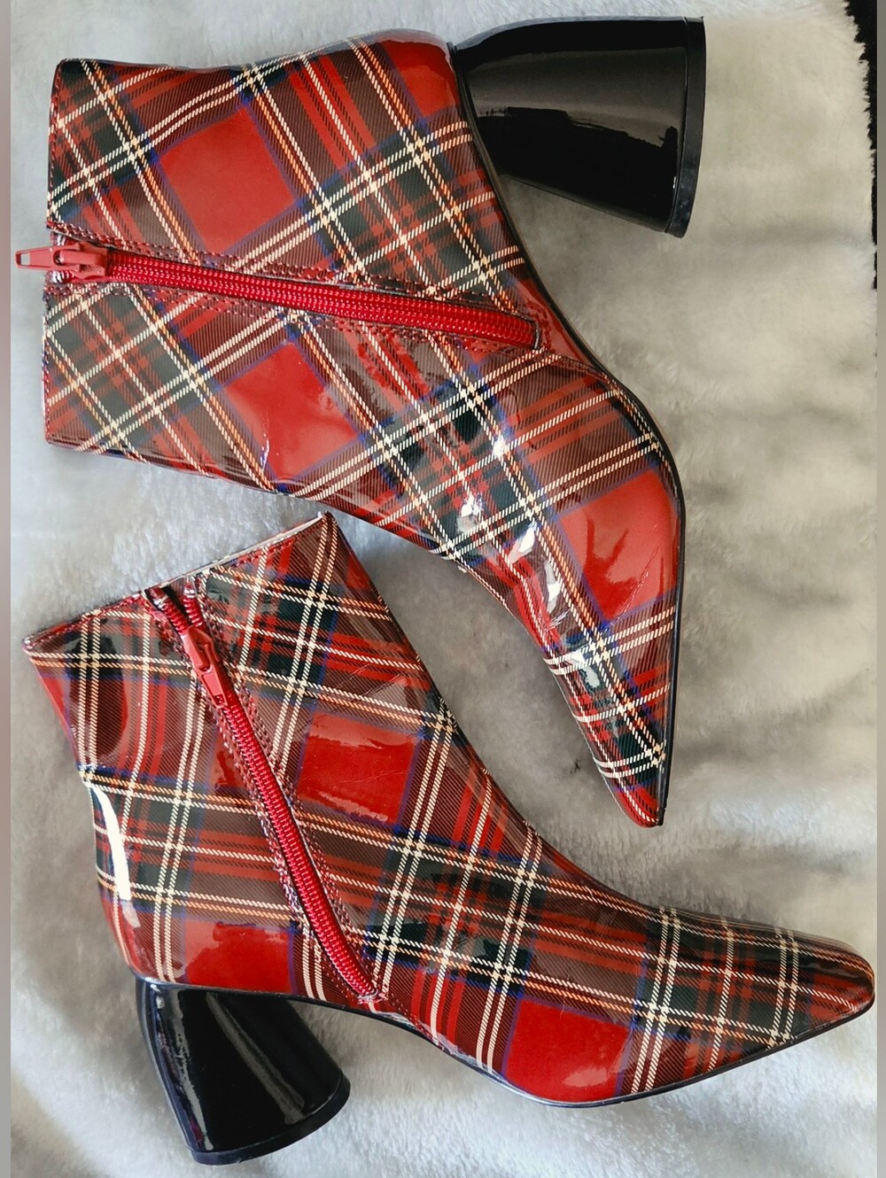 Betsey Johnson Red Plaid Patent Ankle Boots with Black Block Heel